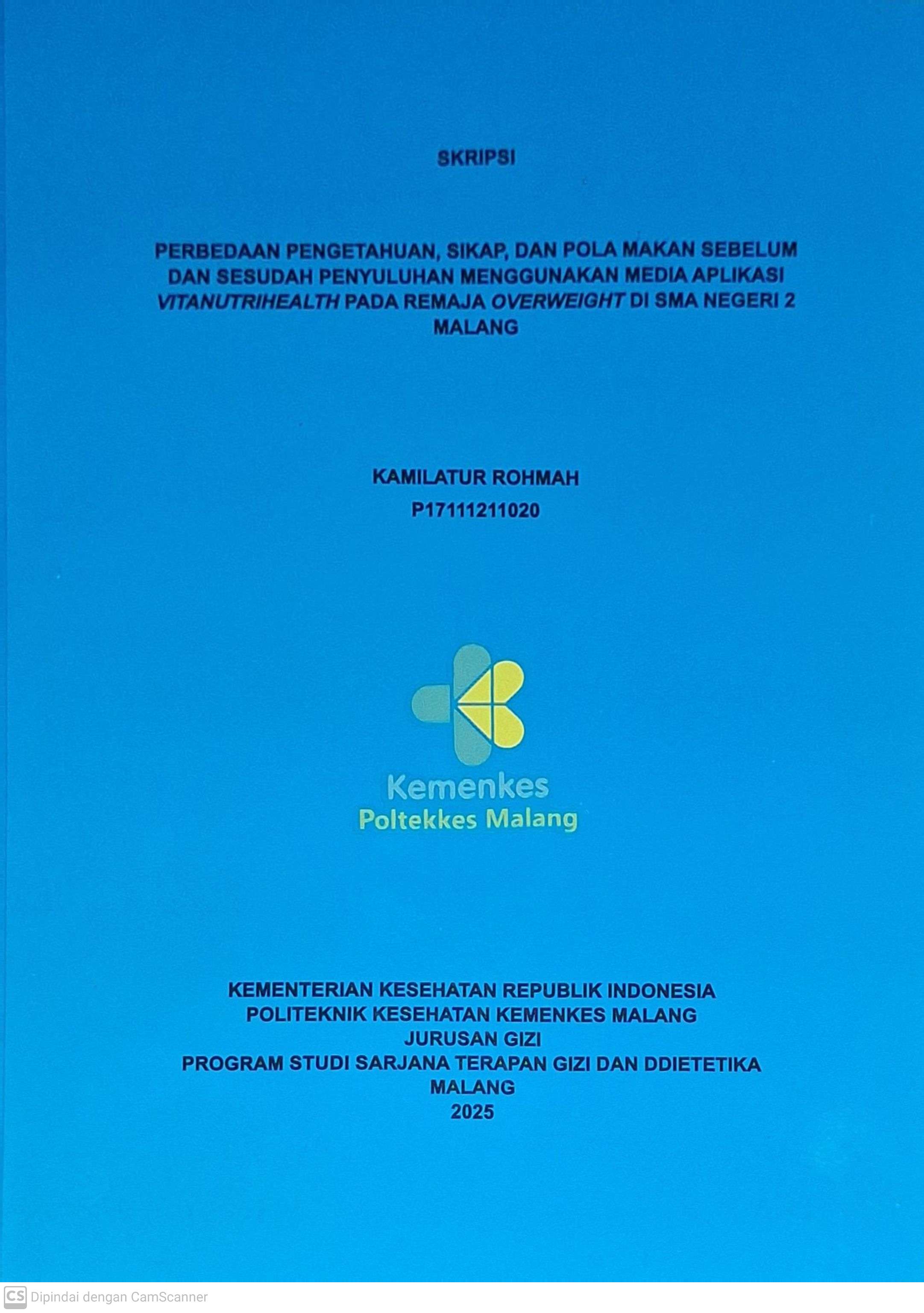 PERBEDAAN PENGETAHUAN, SIKAP, DAN POLA MAKAN SEBELUM DAN SESUDAH PENYULUHAN MENGGUNAKAN MEDIA APLIKASI VITANUTRIHEALTH PADA REMAJA OVERWEIGHT DI SMA NEGERI 2 MALANG